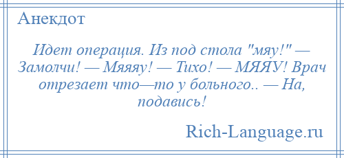 
    Идет операция. Из под стола мяу! — Замолчи! — Мяяяу! — Тихо! — МЯЯУ! Врач отрезает что—то у больного.. — На, подавись!