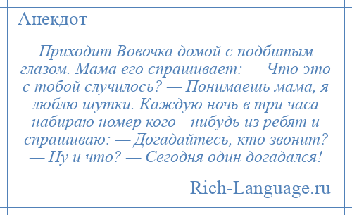 
    Приходит Вовочка домой с подбитым глазом. Мама его спрашивает: — Что это с тобой случилось? — Понимаешь мама, я люблю шутки. Каждую ночь в три часа набираю номер кого—нибудь из ребят и спрашиваю: — Догадайтесь, кто звонит? — Ну и что? — Сегодня один догадался!