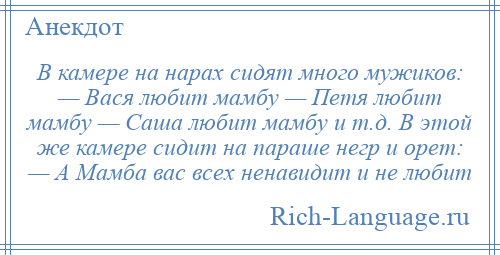 
    В камере на нарах сидят много мужиков: — Вася любит мамбу — Петя любит мамбу — Саша любит мамбу и т.д. В этой же камере сидит на параше негр и орет: — А Мамба вас всех ненавидит и не любит