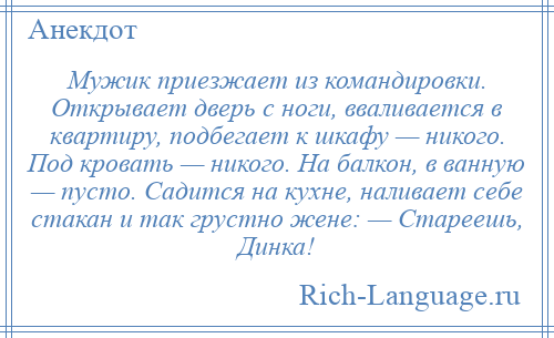 
    Мужик приезжает из командировки. Открывает дверь с ноги, вваливается в квартиру, подбегает к шкафу — никого. Под кровать — никого. На балкон, в ванную — пусто. Садится на кухне, наливает себе стакан и так грустно жене: — Стареешь, Динка!