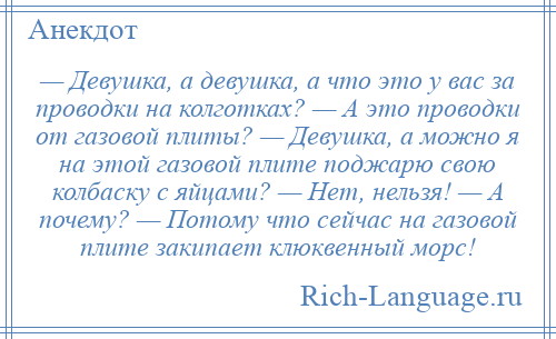 
    — Девушка, а девушка, а что это у вас за проводки на колготках? — А это проводки от газовой плиты? — Девушка, а можно я на этой газовой плите поджарю свою колбаску с яйцами? — Нет, нельзя! — А почему? — Потому что сейчас на газовой плите закипает клюквенный морс!