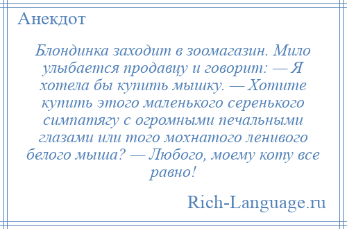 
    Блондинка заходит в зоомагазин. Мило улыбается продавцу и говорит: — Я хотела бы купить мышку. — Хотите купить этого маленького серенького симпатягу с огромными печальными глазами или того мохнатого ленивого белого мыша? — Любого, моему коту все равно!