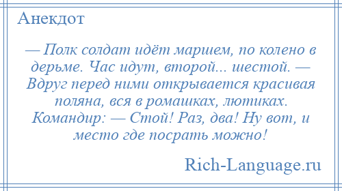 
    — Полк солдат идёт маршем, по колено в дерьме. Час идут, второй... шестой. — Вдруг перед ними открывается красивая поляна, вся в ромашках, лютиках. Командир: — Стой! Раз, два! Ну вот, и место где посрать можно!