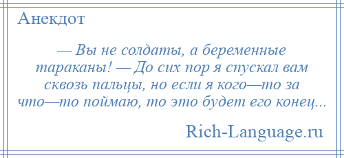 
    — Вы не солдаты, а беременные тараканы! — До сих пор я спускал вам сквозь пальцы, но если я кого—то за что—то поймаю, то это будет его конец...