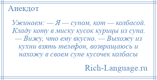 
    Ужинаем: — Я — супом, кот — колбасой. Кладу коту в миску кусок курицы из супа. — Вижу, что ему вкусно. — Выхожу из кухни взять телефон, возвращаюсь и нахожу в своем супе кусочек колбасы