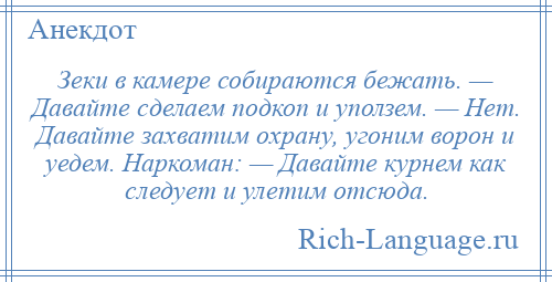 
    Зеки в камере собираются бежать. — Давайте сделаем подкоп и уползем. — Нет. Давайте захватим охрану, угоним ворон и уедем. Наркоман: — Давайте курнем как следует и улетим отсюда.