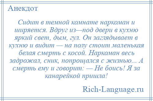 
    Сидит в темной комнате наркоман и ширяется. Вдруг из—под двери в кухню яркий свет, дым, гул. Он заглядывает в кухню и видит — на полу стоит маленькая белая смерть с косой. Наркоман весь задрожал, сник, попрощался с жизнью... А смерть ему и говорит: — Не боись! Я за канарейкой пришла!