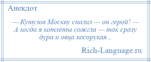 
    — Кутузов Москву спалил — он герой! — А когда я котлеты сожгла — так сразу дура и овца косорукая...