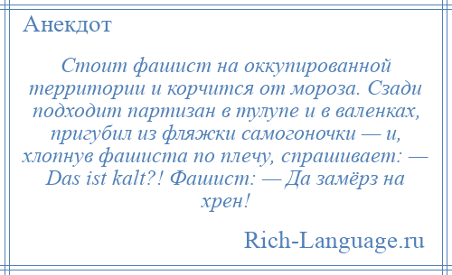 
    Стоит фашист на оккупированной территории и корчится от мороза. Сзади подходит партизан в тулупе и в валенках, пригубил из фляжки самогоночки — и, хлопнув фашиста по плечу, спрашивает: — Dаs ist kalt?! Фашист: — Да замёрз на хрен!