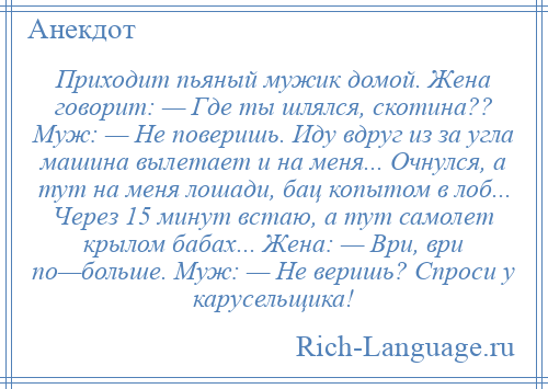 
    Приходит пьяный мужик домой. Жена говорит: — Где ты шлялся, скотина?? Муж: — Не поверишь. Иду вдруг из за угла машина вылетает и на меня... Очнулся, а тут на меня лошади, бац копытом в лоб... Через 15 минут встаю, а тут самолет крылом бабах... Жена: — Ври, ври по—больше. Муж: — Не веришь? Спроси у карусельщика!