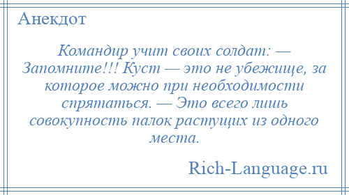 
    Командир учит своих солдат: — Запомните!!! Куст — это не убежище, за которое можно при необходимости спрятаться. — Это всего лишь совокупность палок растущих из одного места.