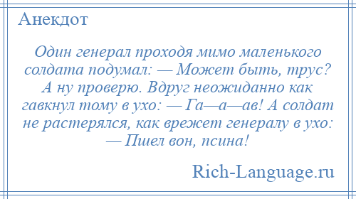 
    Один генерал проходя мимо маленького солдата подумал: — Может быть, трус? А ну проверю. Вдруг неожиданно как гавкнул тому в ухо: — Га—а—ав! А солдат не растерялся, как врежет генералу в ухо: — Пшел вон, псина!