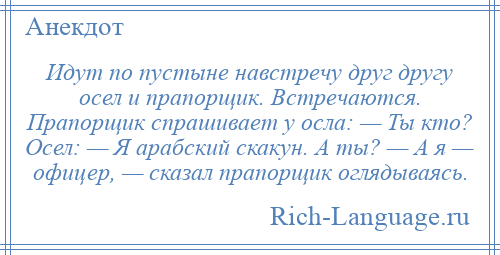 
    Идут по пустыне навстречу друг другу осел и прапорщик. Встречаются. Прапорщик спрашивает у осла: — Ты кто? Осел: — Я арабский скакун. А ты? — А я — офицер, — сказал прапорщик оглядываясь.