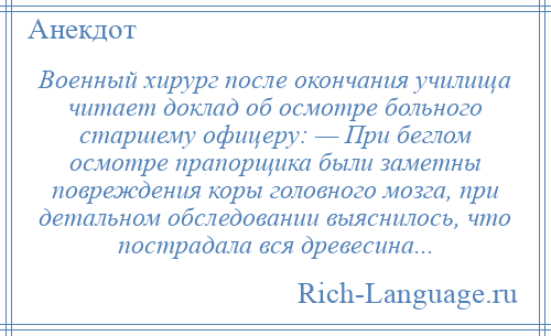 
    Военный хирург после окончания училища читает доклад об осмотре больного старшему офицеру: — При беглом осмотре прапорщика были заметны повреждения коры головного мозга, при детальном обследовании выяснилось, что пострадала вся древесина...