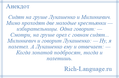 
    Сидят на груше Лукашенко и Милинкевич. Мимо проходят две молодые крестьянки — избирательницы. Одна говорит: — Смотри, на груше орел с говном сидят... Милинкевич и говорит Лукашенко: — Ну, я полетел. А Лукашенко ему и отвечает: — Когда лопатой подбросят, тогда и полетишь.