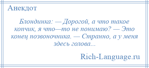 
    Блондинка: — Дорогой, а что такое копчик, я что—то не понимаю? — Это конец позвоночника. — Странно, а у меня здесь голова...