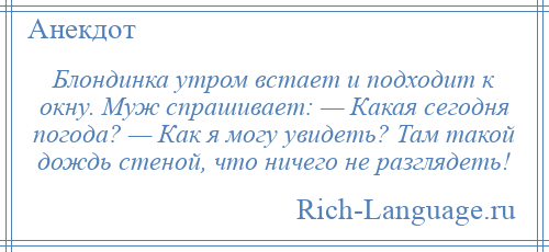 
    Блондинка утром встает и подходит к окну. Муж спрашивает: — Какая сегодня погода? — Как я могу увидеть? Там такой дождь стеной, что ничего не разглядеть!