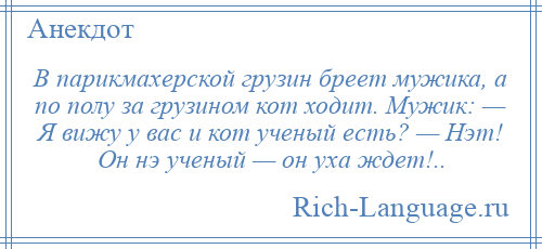 
    В парикмахерской грузин бреет мужика, а по полу за грузином кот ходит. Мужик: — Я вижу у вас и кот ученый есть? — Нэт! Он нэ ученый — он уха ждет!..