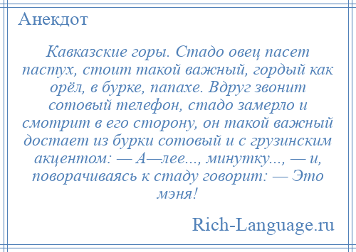 
    Кавказские горы. Стадо овец пасет пастух, стоит такой важный, гордый как орёл, в бурке, папахе. Вдруг звонит сотовый телефон, стадо замерло и смотрит в его сторону, он такой важный достает из бурки сотовый и с грузинским акцентом: — А—лее..., минутку..., — и, поворачиваясь к стаду говорит: — Это мэня!