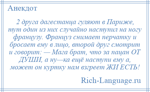 
    2 друга дагестанца гуляют в Париже, тут один из них случайно наступил на ногу французу. Француз снимает перчатку и бросает ему в лицо, второй друг смотрит и говорит: — Мага брат, что за пацан ОТ ДУШИ, а ну—ка ещё наступи ему а, может он куртку нам взгреет ЖИ ЕСТЬ!
