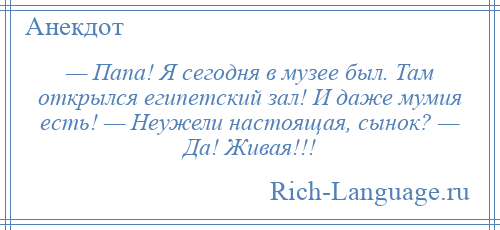 
    — Папа! Я сегодня в музее был. Там открылся египетский зал! И даже мумия есть! — Неужели настоящая, сынок? — Да! Живая!!!