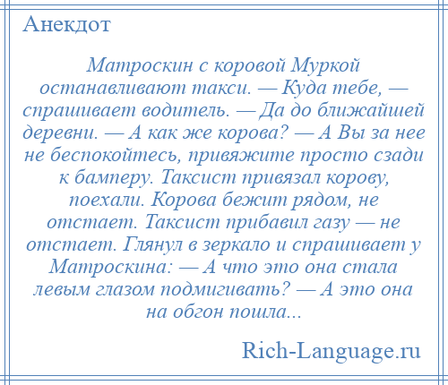 
    Матроскин с коровой Муркой останавливают такси. — Куда тебе, — спрашивает водитель. — Да до ближайшей деревни. — А как же корова? — А Вы за нее не беспокойтесь, привяжите просто сзади к бамперу. Таксист привязал корову, поехали. Корова бежит рядом, не отстает. Таксист прибавил газу — не отстает. Глянул в зеркало и спрашивает у Матроскина: — А что это она стала левым глазом подмигивать? — А это она на обгон пошла...