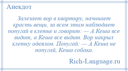 
    Залезает вор в квартиру, начинает красть вещи, за всем этим наблюдает попугай в клетке и говорит: — А Кеша все видит, а Кеша все видит. Вор накрыл клетку одеялом. Попугай: — А Кеша не попугай, Кеша собака.
