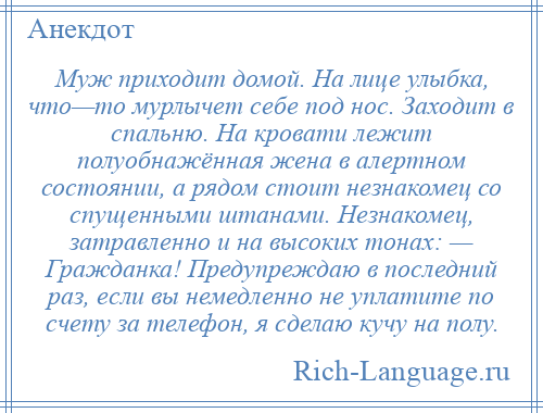 
    Муж приходит домой. На лице улыбка, что—то мурлычет себе под нос. Заходит в спальню. На кровати лежит полуобнажённая жена в алертном состоянии, а рядом стоит незнакомец со спущенными штанами. Незнакомец, затравленно и на высоких тонах: — Гражданка! Предупреждаю в последний раз, если вы немедленно не уплатите по счету за телефон, я сделаю кучу на полу.