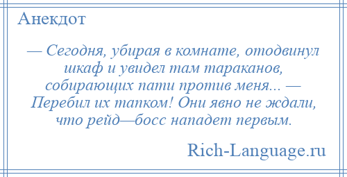 
    — Сегодня, убирая в комнате, отодвинул шкаф и увидел там тараканов, собирающих пати против меня... — Перебил их тапком! Они явно не ждали, что рейд—босс нападет первым.