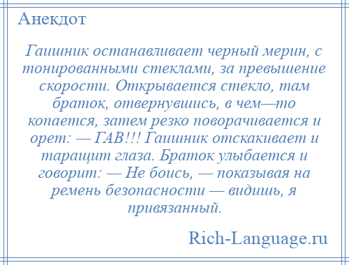 
    Гаишник останавливает черный мерин, с тонированными стеклами, за превышение скорости. Открывается стекло, там браток, отвернувшись, в чем—то копается, затем резко поворачивается и орет: — ГАВ!!! Гаишник отскакивает и таращит глаза. Браток улыбается и говорит: — Не боись, — показывая на ремень безопасности — видишь, я привязанный.