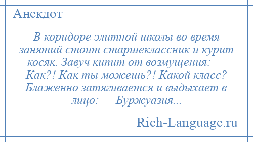 
    В коридоре элитной школы во время занятий стоит старшеклассник и курит косяк. Завуч кипит от возмущения: — Как?! Как ты можешь?! Какой класс? Блаженно затягивается и выдыхает в лицо: — Буржуазия...