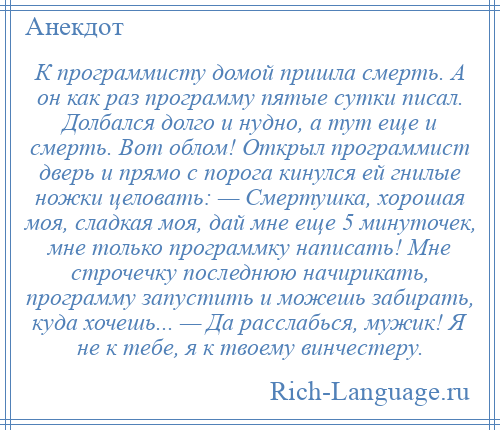 
    К программисту домой пришла смерть. А он как раз программу пятые сутки писал. Долбался долго и нудно, а тут еще и смерть. Вот облом! Открыл программист дверь и прямо с порога кинулся ей гнилые ножки целовать: — Смертушка, хорошая моя, сладкая моя, дай мне еще 5 минуточек, мне только программку написать! Мне строчечку последнюю начирикать, программу запустить и можешь забирать, куда хочешь... — Да расслабься, мужик! Я не к тебе, я к твоему винчестеру.