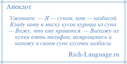 
    Ужинаем: — Я — супом, кот — колбасой. Кладу коту в миску кусок курицы из супа. — Вижу, что ему нравится. — Выхожу из кухни взять телефон, возвращаюсь и нахожу в своем супе кусочек колбасы.