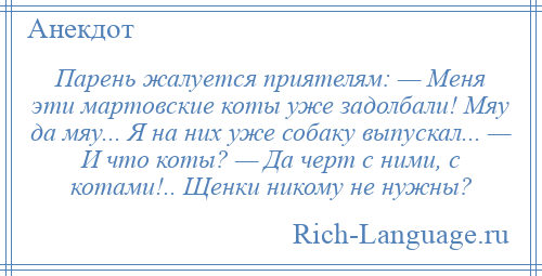 
    Парень жалуется приятелям: — Меня эти мартовские коты уже задолбали! Мяу да мяу... Я на них уже собаку выпускал... — И что коты? — Да черт с ними, с котами!.. Щенки никому не нужны?