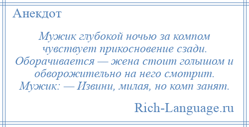 
    Мужик глубокой ночью за компом чувствует прикосновение сзади. Оборачивается — жена стоит голышом и обворожительно на него смотрит. Мужик: — Извини, милая, но комп занят.