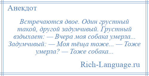 
    Встречаются двое. Один грустный такой, другой задумчивый. Грустный вздыхает: — Вчера моя собака умерла... Задумчивый: — Моя тёща тоже... — Тоже умерла? — Тоже собака...