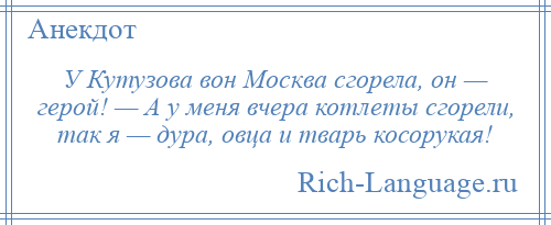 
    У Кутузова вон Москва сгорела, он — герой! — А у меня вчера котлеты сгорели, так я — дура, овца и тварь косорукая!