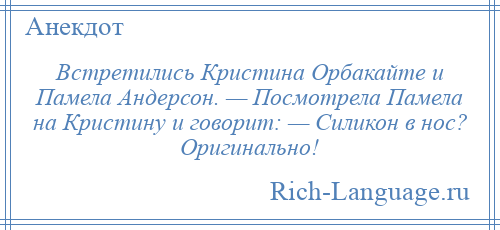 
    Встретились Кристина Орбакайте и Памела Андерсон. — Посмотрела Памела на Кристину и говорит: — Силикон в нос? Оригинально!