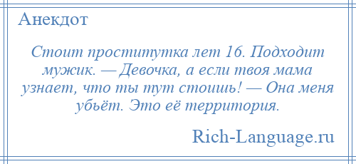 
    Стоит проститутка лет 16. Подходит мужик. — Девочка, а если твоя мама узнает, что ты тут стоишь! — Она меня убьёт. Это её территория.