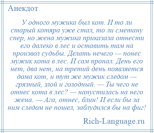 
    У одного мужика был кот. И то ли старый котяра уже стал, то ли сметану спер, но жена мужика приказала отнести его далеко в лес и оставить там на произвол судьбы. Делать нечего — понес мужик кота в лес. И сам пропал. День его нет, два нет, на третий день появляется дома кот, и тут же мужик следом — грязный, злой и голодный. — Ты чего не отнес кота в лес? — напустилась на него жена. — Ага, отнес, блин! И если бы за ним следом не пошел, заблудился бы на фиг!