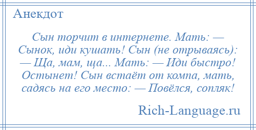 
    Сын торчит в интернете. Мать: — Сынок, иди кушать! Сын (не отрываясь): — Ща, мам, ща... Мать: — Иди быстро! Остынет! Сын встаёт от компа, мать, садясь на его место: — Повёлся, сопляк!