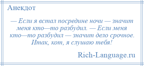 
    — Если я встал посредине ночи — значит меня кто—то разбудил. — Если меня кто—то разбудил — значит дело срочное. Итак, кот, я слушаю тебя!