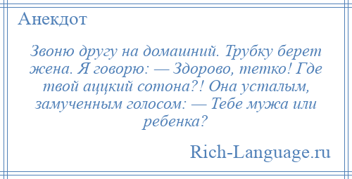 
    Звоню другу на домашний. Трубку берет жена. Я говорю: — Здорово, тетко! Где твой аццкий сотона?! Она усталым, замученным голосом: — Тебе мужа или ребенка?