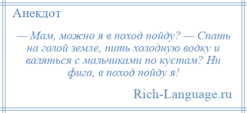 
    — Мам, можно я в поход пойду? — Спать на голой земле, пить холодную водку и валяться с мальчиками по кустам? Ни фига, в поход пойду я!