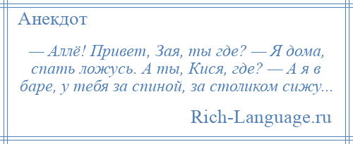 
    — Аллё! Привет, Зая, ты где? — Я дома, спать ложусь. А ты, Кися, где? — А я в баре, у тебя за спиной, за столиком сижу...