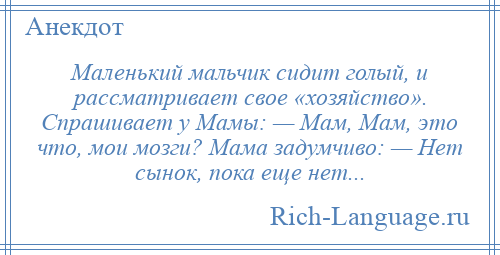 
    Маленький мальчик сидит голый, и рассматривает свое «хозяйство». Спрашивает у Мамы: — Мам, Мам, это что, мои мозги? Мама задумчиво: — Нет сынок, пока еще нет...