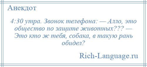 
    4:30 утра. Звонок телефона: — Алло, это общество по защите животных??? — Это кто ж тебя, собака, в такую рань обидел?
