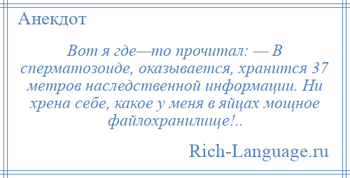 
    Вот я где—то прочитал: — В сперматозоиде, оказывается, хранится 37 метров наследственной информации. Ни хрена себе, какое у меня в яйцах мощное файлохранилище!..