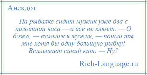 
    На рыбалке сидит мужик уже два с половиной часа — а все не клюет. — О боже, — взмолился мужик, — пошли ты мне хотя бы одну большую рыбку! Всплывает синий кит: — Ну?