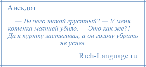 
    — Ты чего такой грустный? — У меня котенка молнией убило. — Это как же?! — Да я куртку застегивал, а он голову убрать не успел.